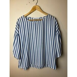Womens XL Blouse Top White Blue Striped Linen 3/4 Bell Sleeve Preppy